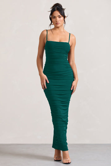 Ellis Bottle Green Ruched Mesh Strappy Bodycon Maxi Dress